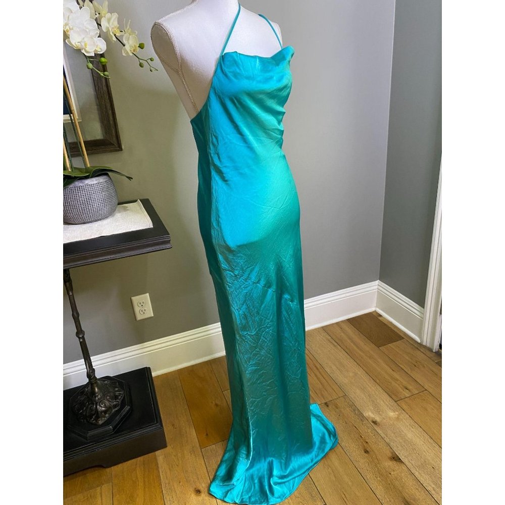 Lovers + Friends Luca Teal Blue Satin Maxi Gown S - Picture 8 of 10